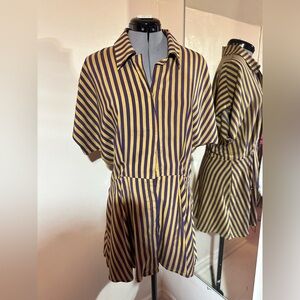 Vintage Handmade Striped Short-Sleeve Collared Blouse in Mustard & Navy